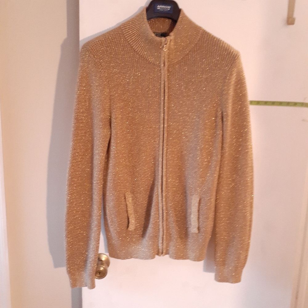 Ralph Lauren Active sweater gold tan zipper front cardigan XL metallic cotton